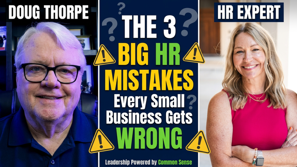 Doug Thorpe on the left and a smiling HR expert woman on the right, with a central poster about 'The 3 Big HR Mistakes Every Small Business Gets Wrong' and warning icons.